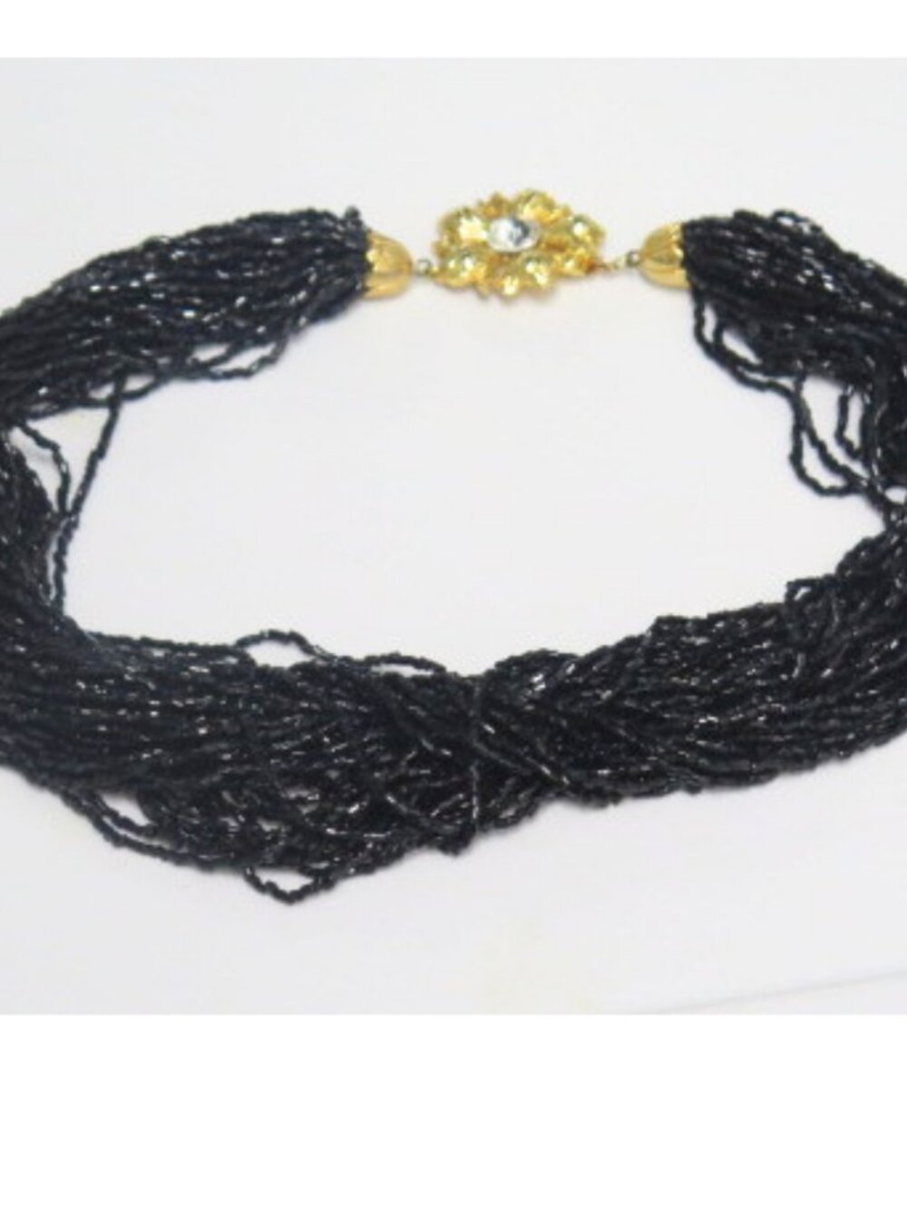 Vintage Style Black Multi Strand Seed Bead Necklace Gold Floral Rhinestone Clasp